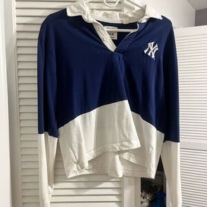 Navy and White Long Sleeve Yankees Shirt